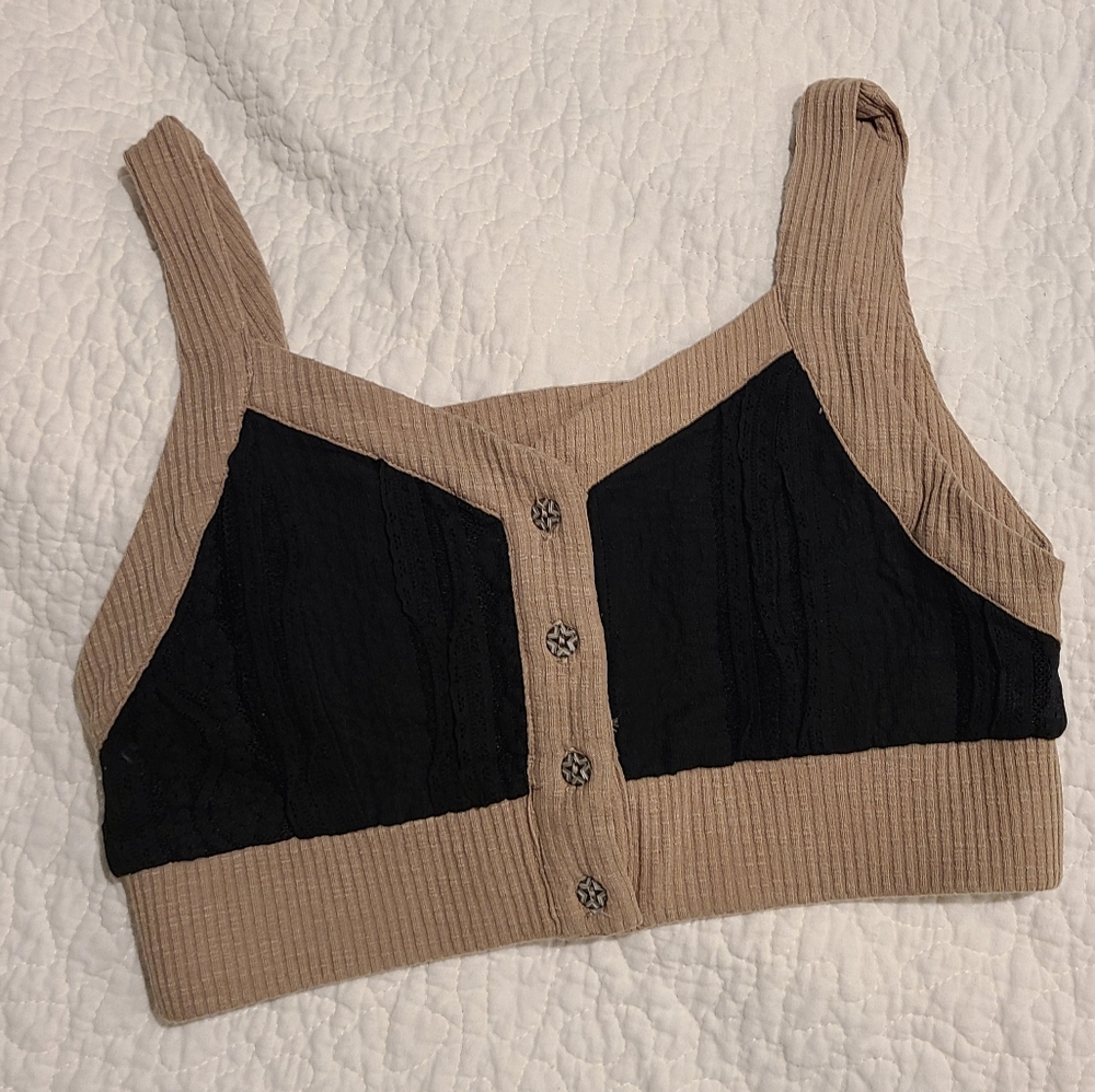 Ribbed Button-Front Bralette in Taupe and Black